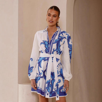 Long Sleeve Shirt Dress With Shirt Collar, Polyester Fabric, Above Knee Length, Featuring Printing Design