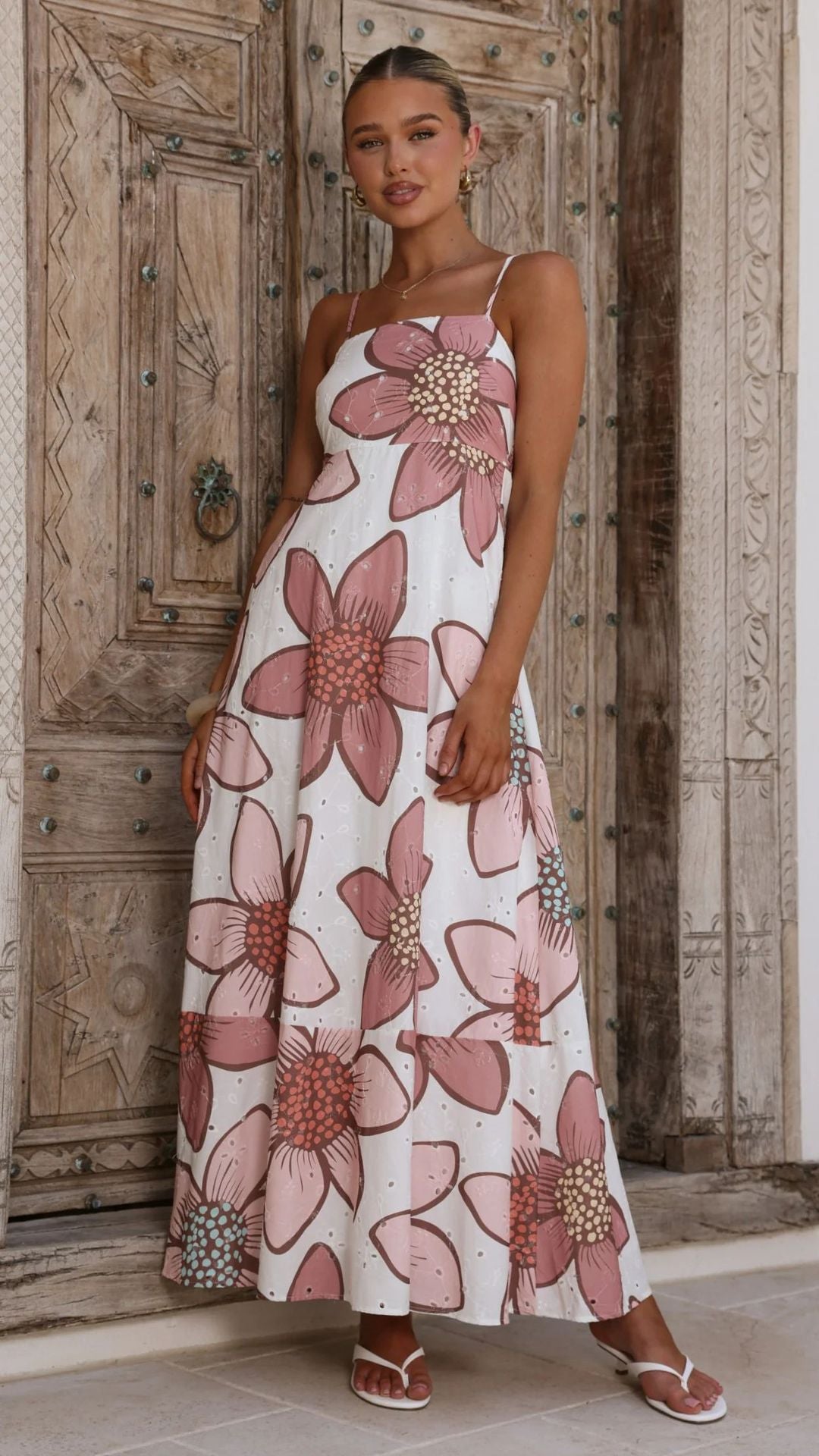 Plant Print Sleeveless Strap Dress With Boat Neck In Polyester, Vacation Style Maxi Long Dress