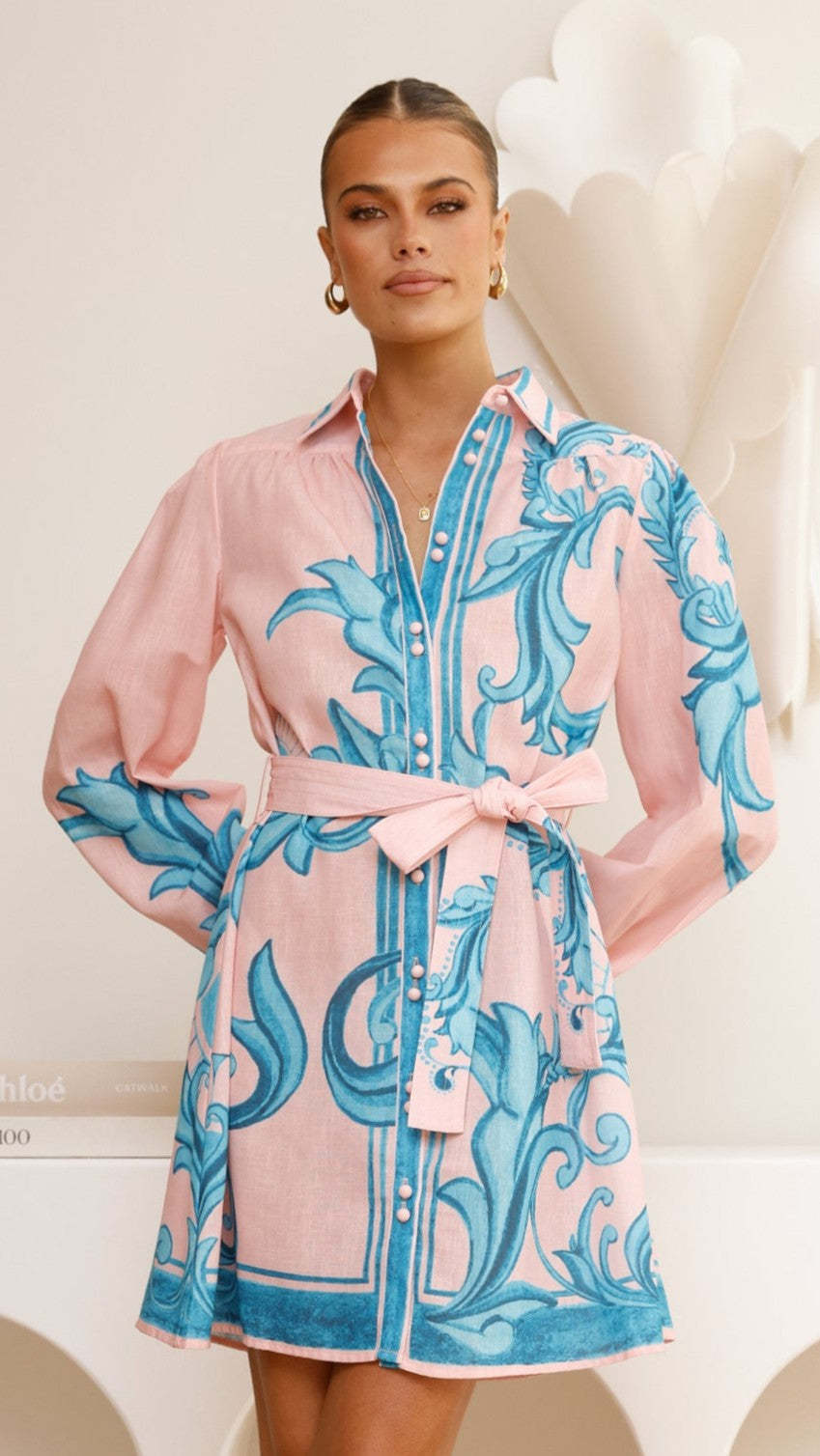 Long Sleeve Shirt Dress With Shirt Collar, Polyester Fabric, Above Knee Length, Featuring Printing Design