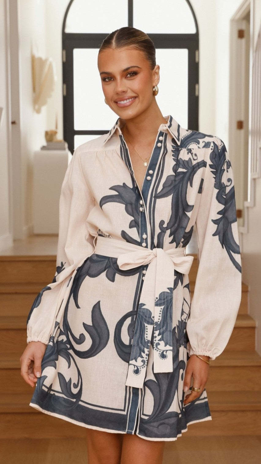 Long Sleeve Shirt Dress With Shirt Collar, Polyester Fabric, Above Knee Length, Featuring Printing Design
