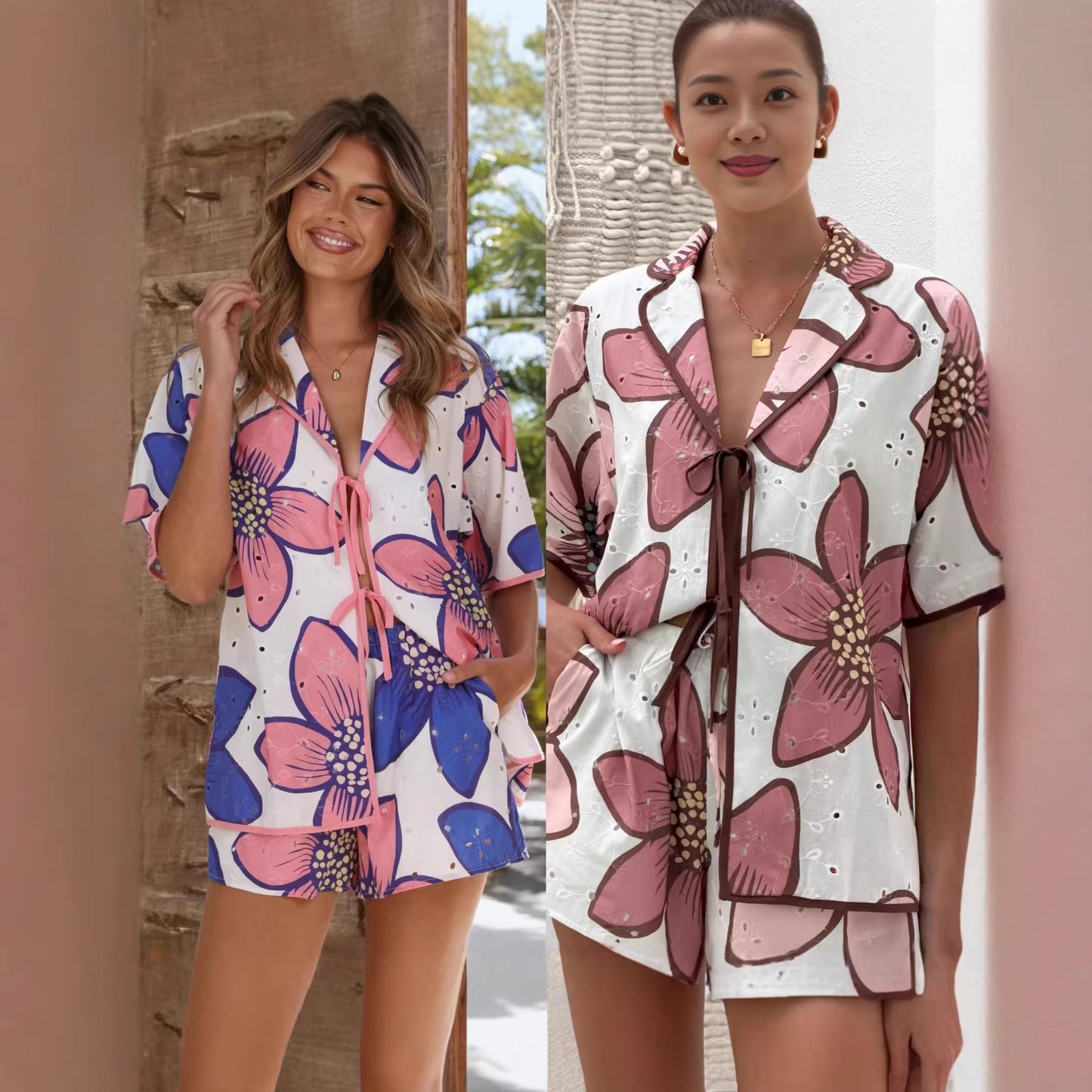 Vacation Shorts Co-ord Set With Floral Printing, Polyester Fabric, Lapel Collar And Short Sleeve Design