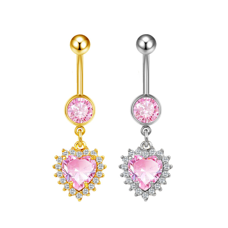 Three-dimensional Heart Shape Copper Belly Ring With Platinum Plated Electroplated Finish And Zircon Inlay