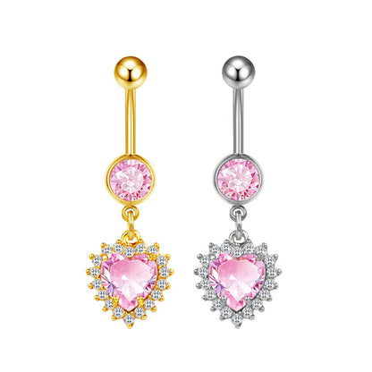 Three-dimensional Heart Shape Copper Belly Ring With Platinum Plated Electroplated Finish And Zircon Inlay