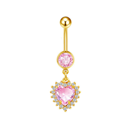 Three-dimensional Heart Shape Copper Belly Ring With Platinum Plated Electroplated Finish And Zircon Inlay