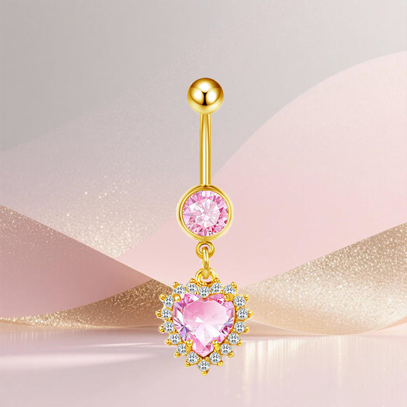 Three-dimensional Heart Shape Copper Belly Ring With Platinum Plated Electroplated Finish And Zircon Inlay