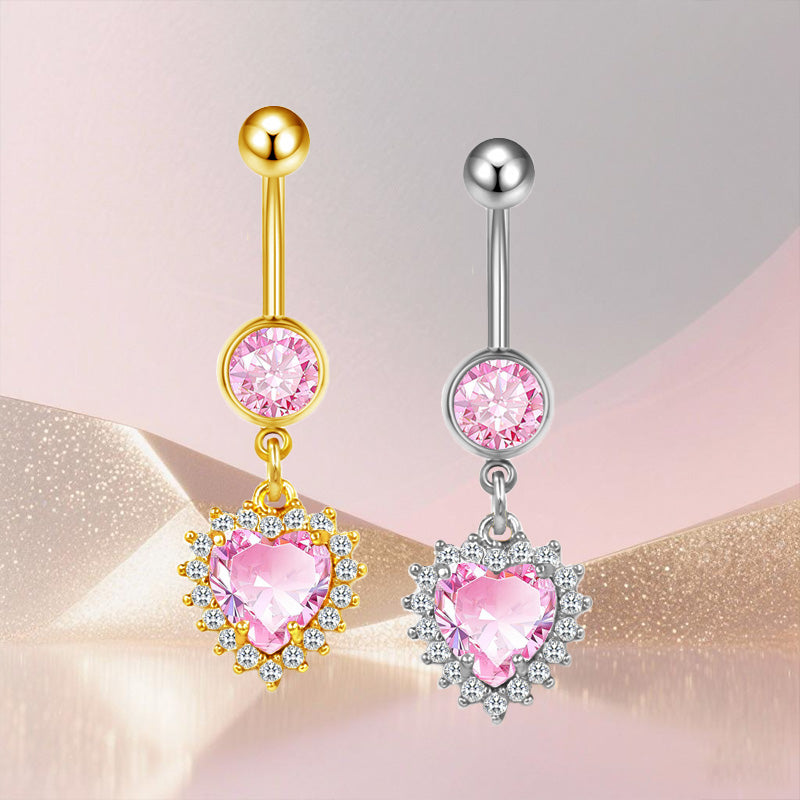 Three-dimensional Heart Shape Copper Belly Ring With Platinum Plated Electroplated Finish And Zircon Inlay