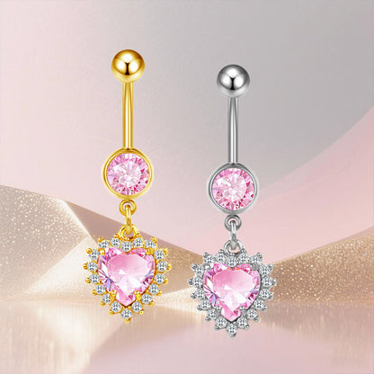 Three-dimensional Heart Shape Copper Belly Ring With Platinum Plated Electroplated Finish And Zircon Inlay