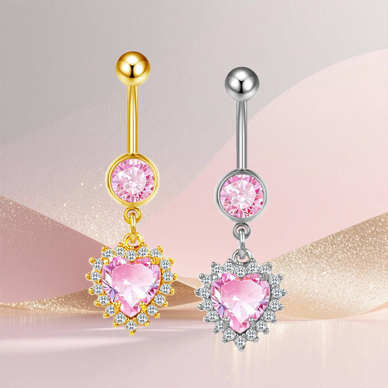 Three-dimensional Heart Shape Copper Belly Ring With Platinum Plated Electroplated Finish And Zircon Inlay
