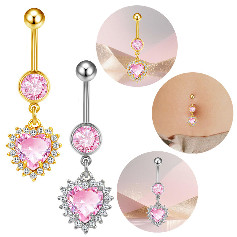 Three-dimensional Heart Shape Copper Belly Ring With Platinum Plated Electroplated Finish And Zircon Inlay