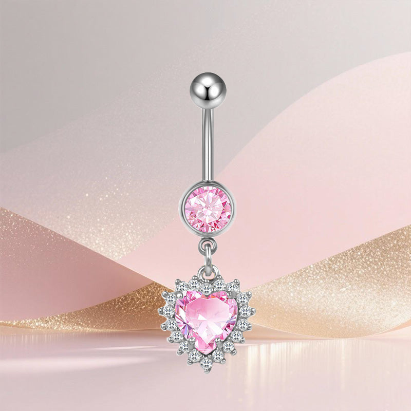 Three-dimensional Heart Shape Copper Belly Ring With Platinum Plated Electroplated Finish And Zircon Inlay