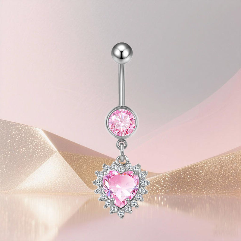 Three-dimensional Heart Shape Copper Belly Ring With Platinum Plated Electroplated Finish And Zircon Inlay