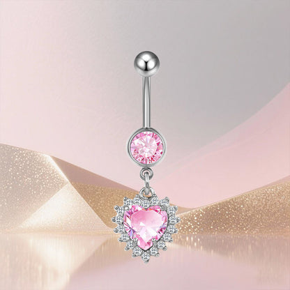 Three-dimensional Heart Shape Copper Belly Ring With Platinum Plated Electroplated Finish And Zircon Inlay