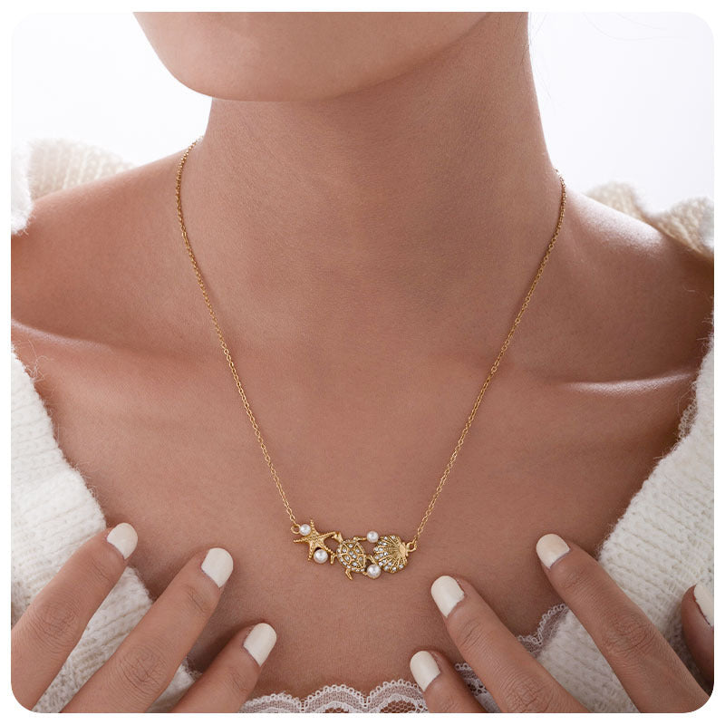 Starfish Necklace In Marine Style For Women, Made Of Titanium Steel With Zircon Inlay
