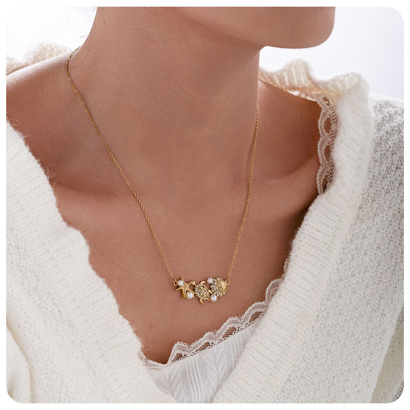 Starfish Necklace In Marine Style For Women, Made Of Titanium Steel With Zircon Inlay