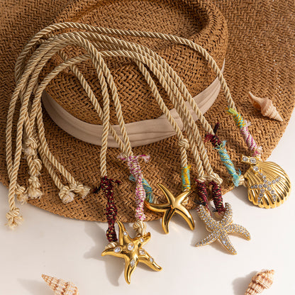 Pastoral Shell Necklace For Women Made Of Titanium Steel With Zircon Inlay And Twisted Rope Chain In Steel Color