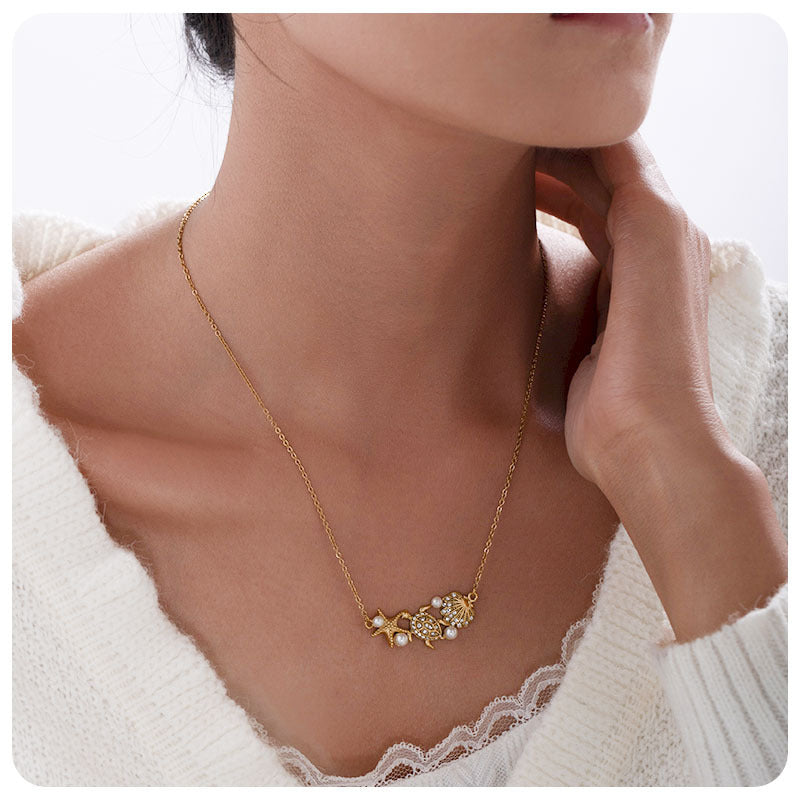 Starfish Necklace In Marine Style For Women, Made Of Titanium Steel With Zircon Inlay