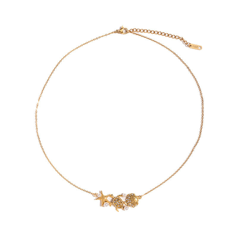 Starfish Necklace In Marine Style For Women, Made Of Titanium Steel With Zircon Inlay