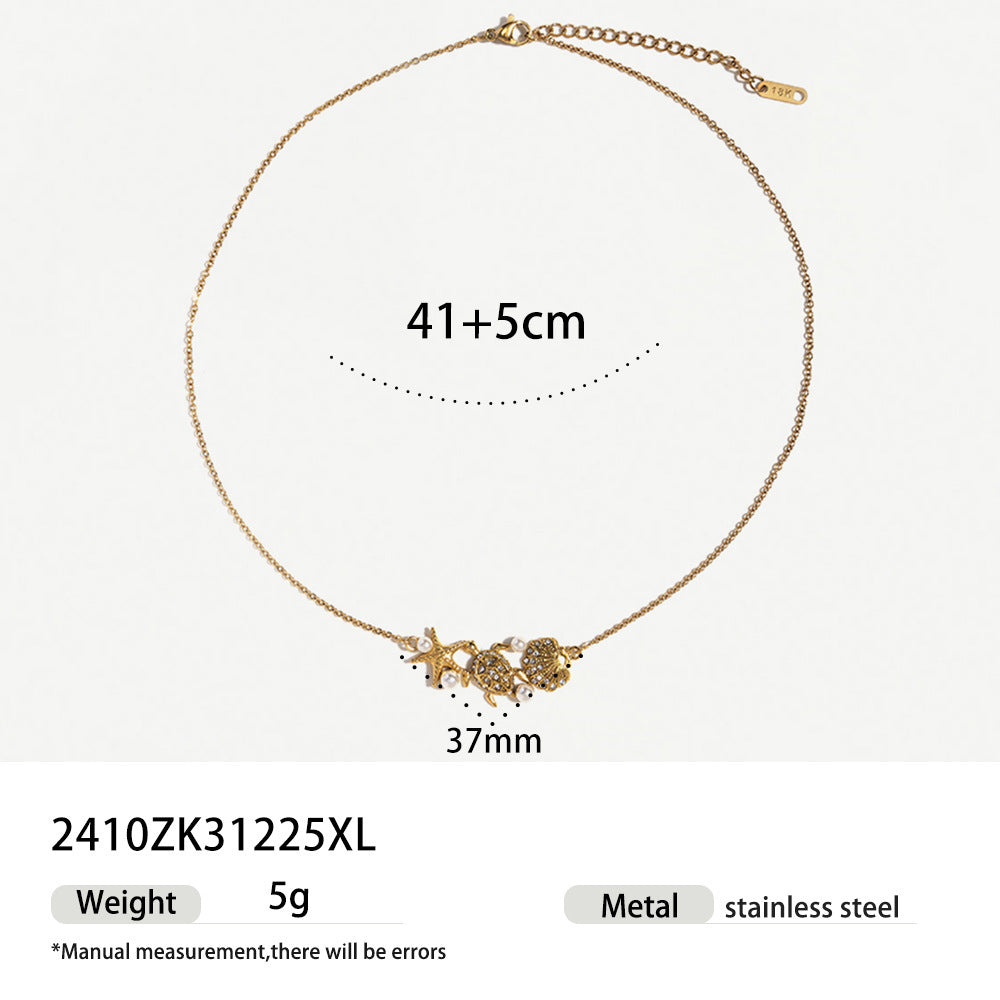 Starfish Necklace In Marine Style For Women, Made Of Titanium Steel With Zircon Inlay
