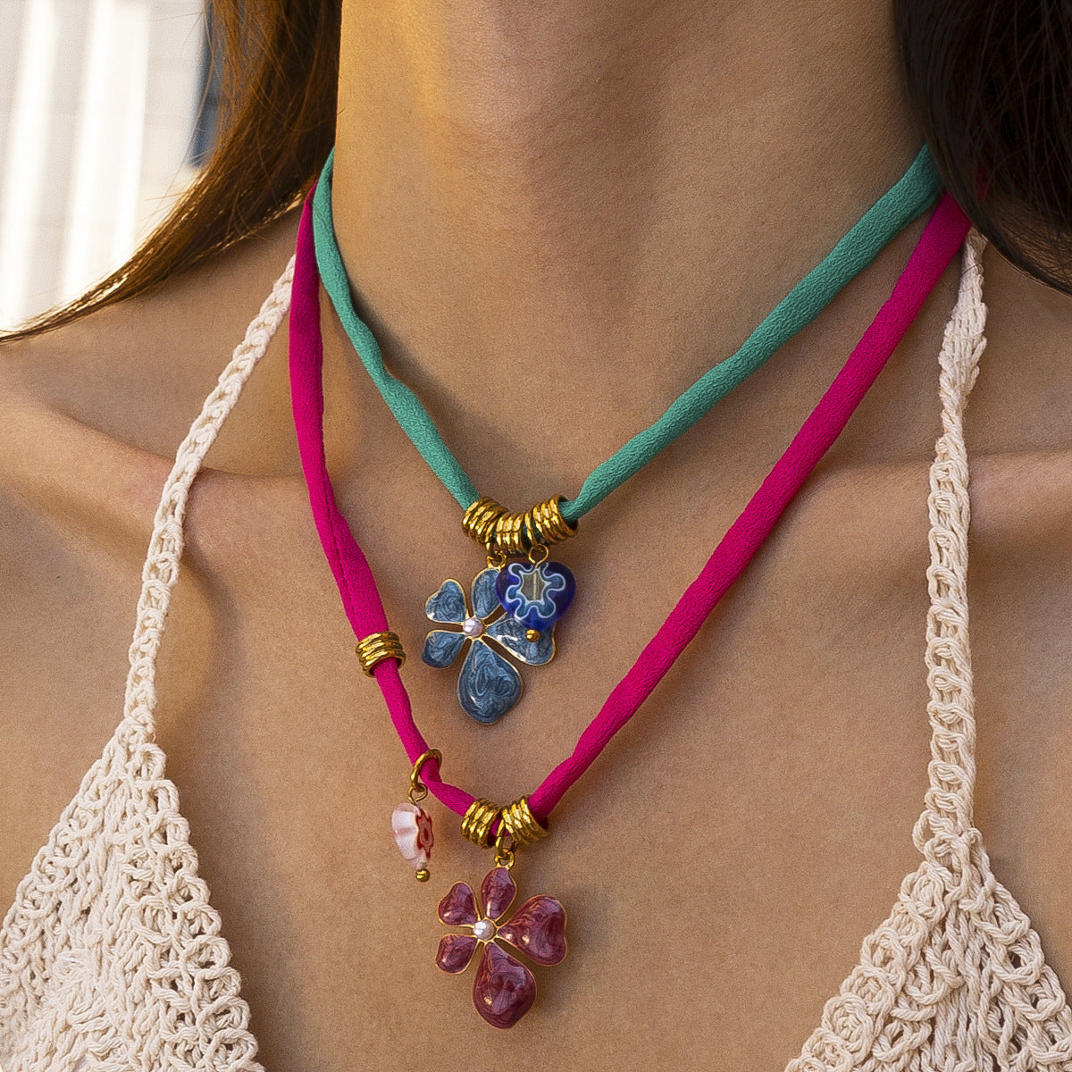 Flowers Necklace For Women Featuring Enamel Craft In Durable Titanium Steel With Steel Color Finish