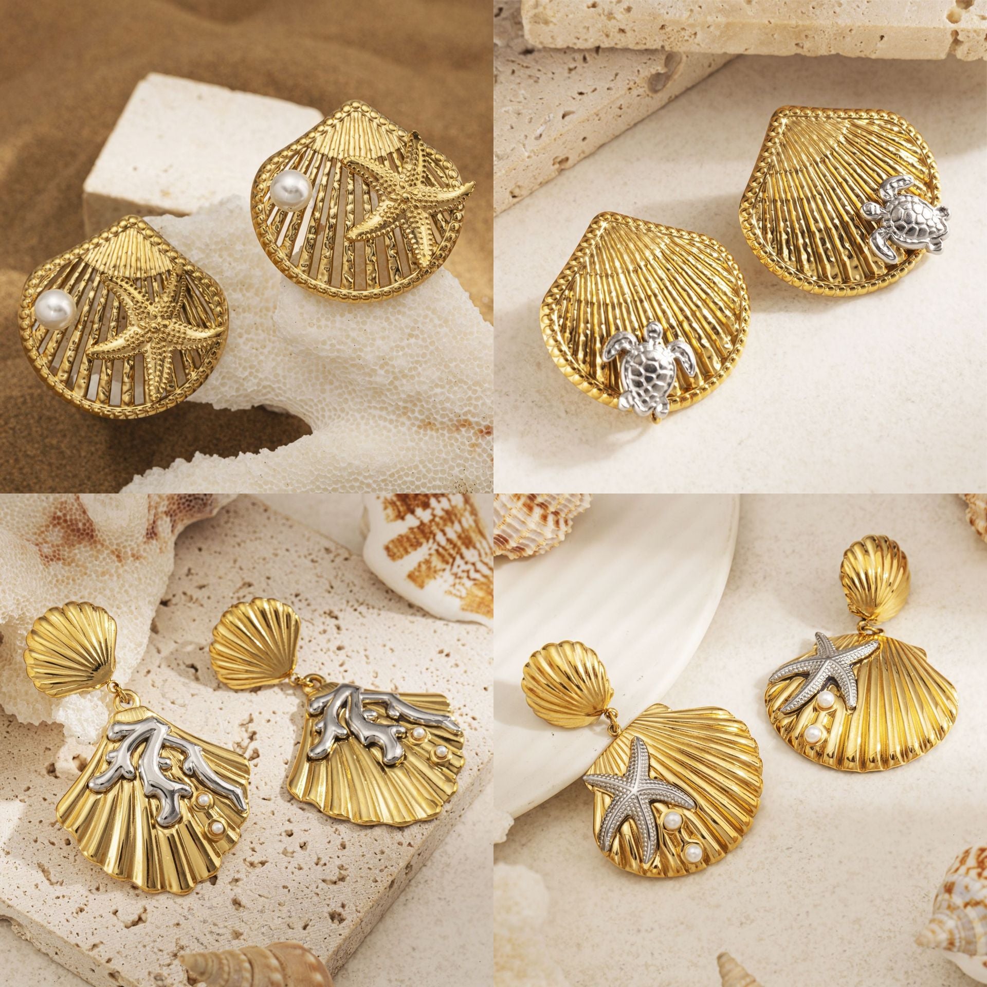 For Women Copper Shell Stud Earrings In Golden With 18K Gold Plating