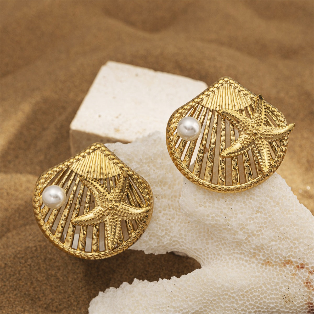 For Women Copper Shell Stud Earrings In Golden With 18K Gold Plating