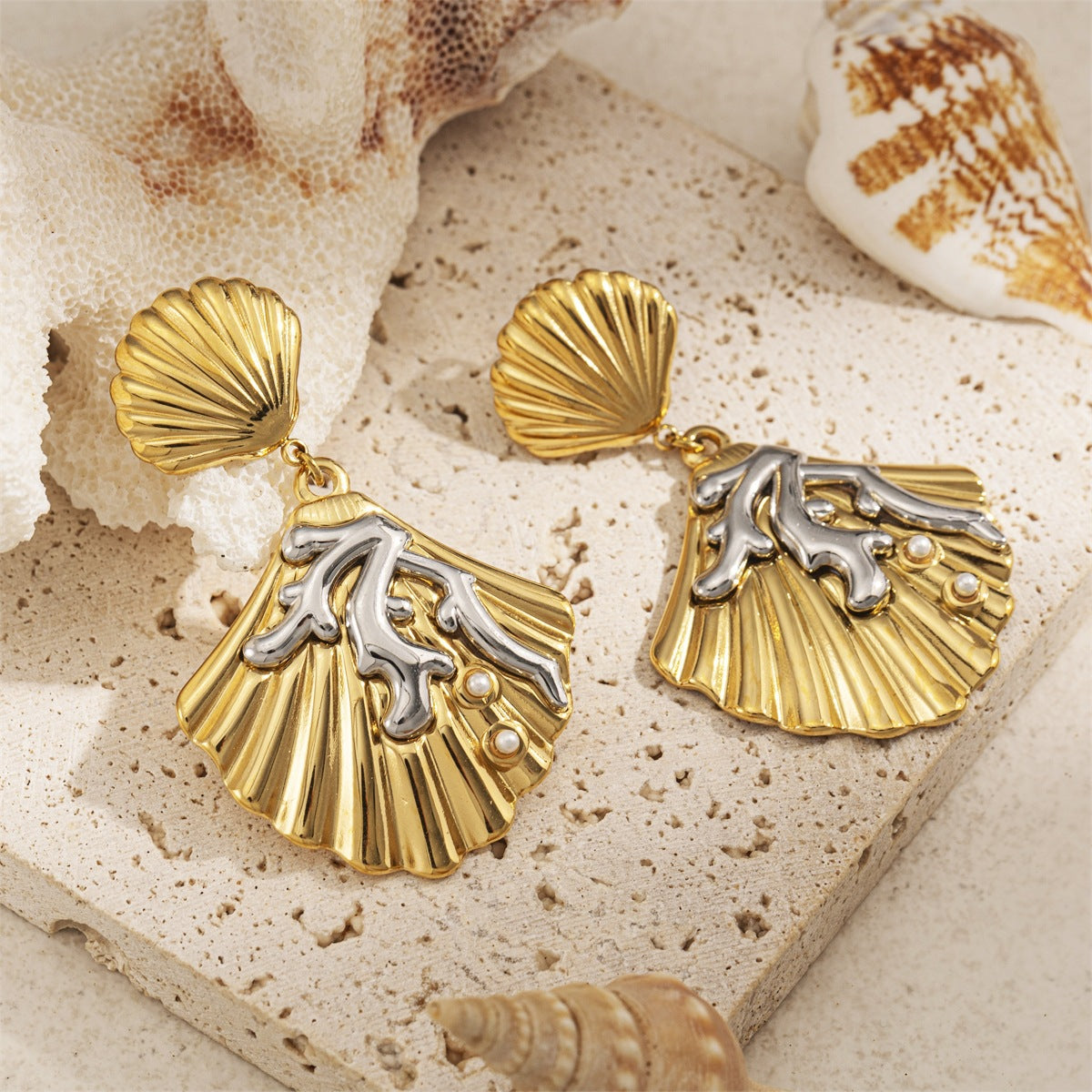 For Women Copper Shell Stud Earrings In Golden With 18K Gold Plating