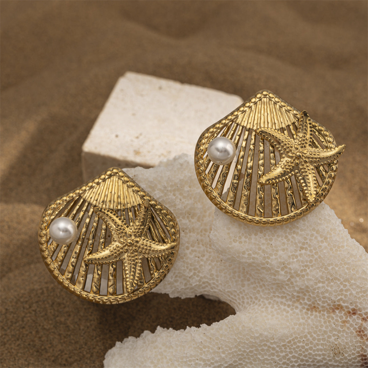 For Women Copper Shell Stud Earrings In Golden With 18K Gold Plating