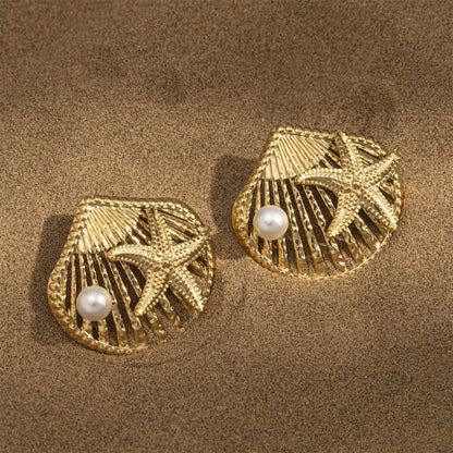 For Women Copper Shell Stud Earrings In Golden With 18K Gold Plating
