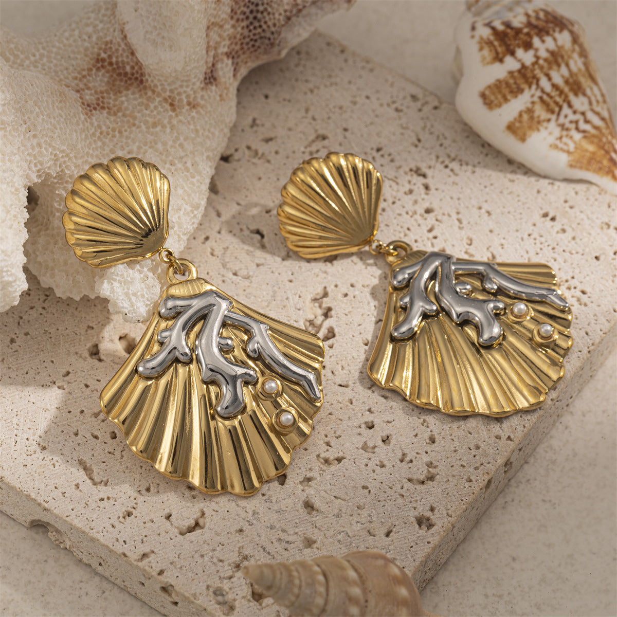 For Women Copper Shell Stud Earrings In Golden With 18K Gold Plating
