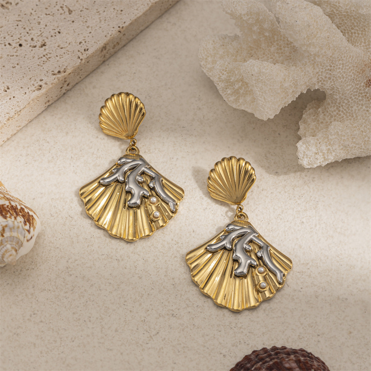 For Women Copper Shell Stud Earrings In Golden With 18K Gold Plating
