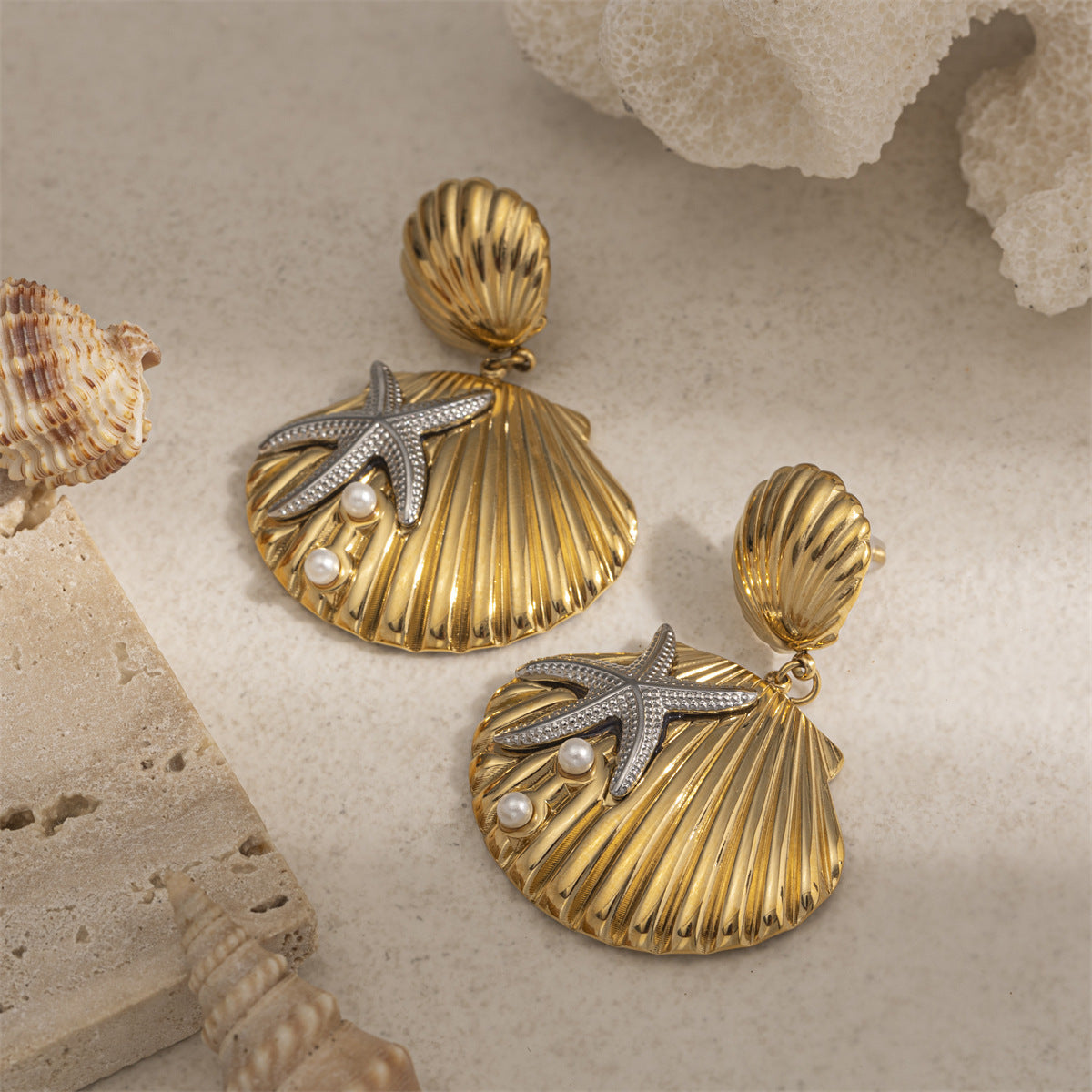 For Women Copper Shell Stud Earrings In Golden With 18K Gold Plating