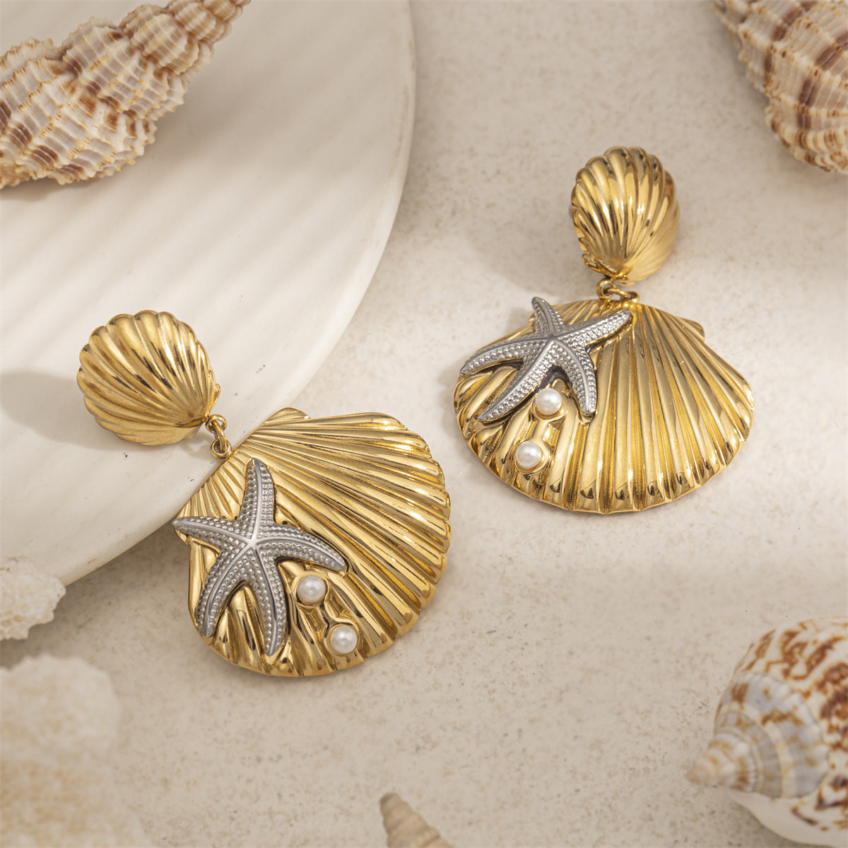 For Women Copper Shell Stud Earrings In Golden With 18K Gold Plating