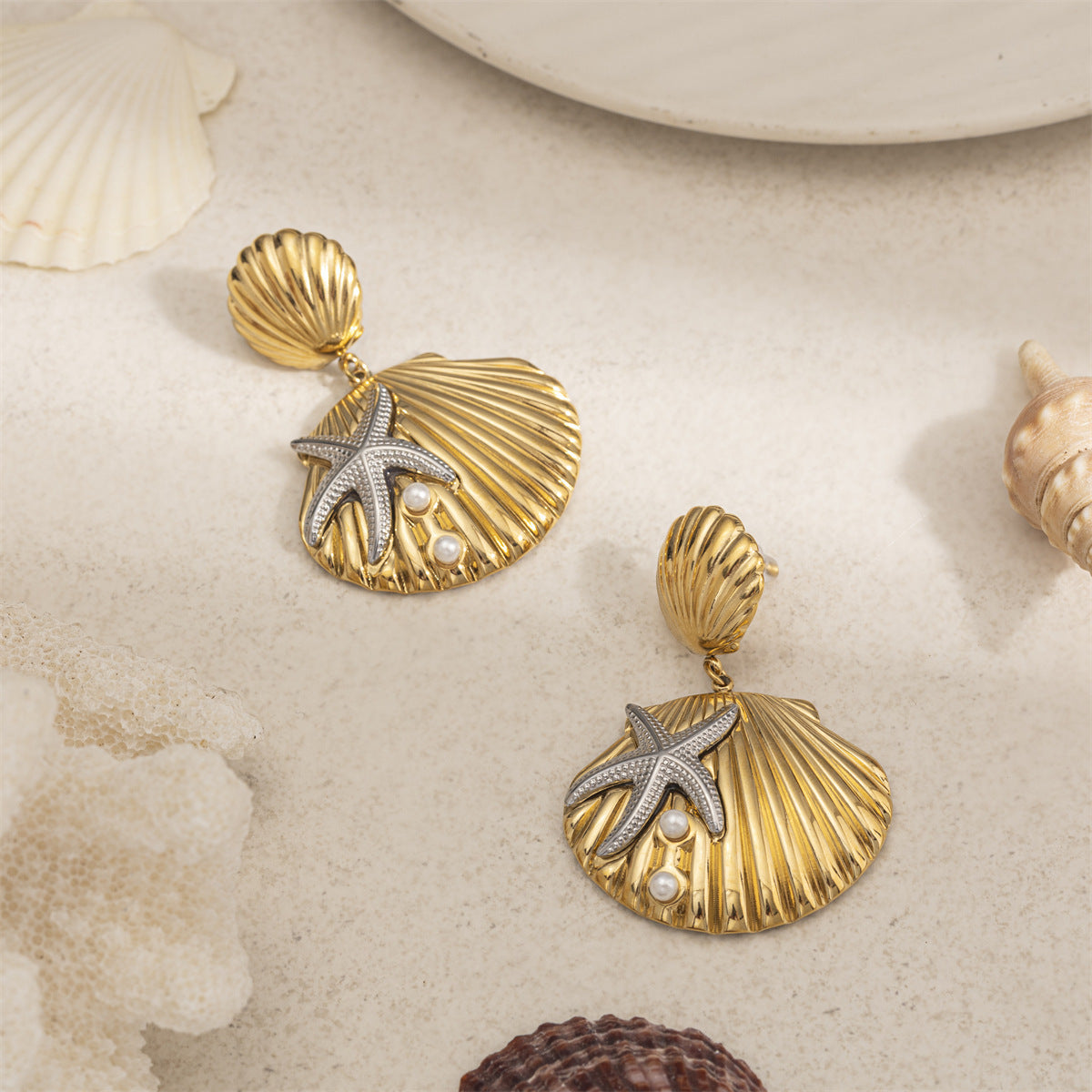 For Women Copper Shell Stud Earrings In Golden With 18K Gold Plating