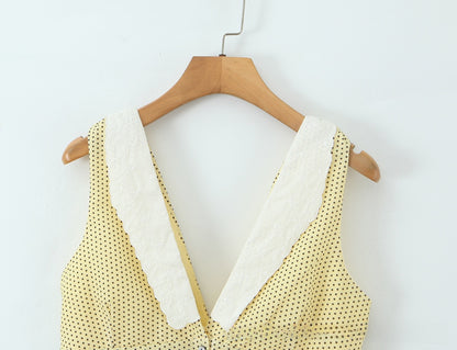 Sleeveless V Neck Polka Dot Dress In Polyester Fabric With Slim Fit And Knee-Length Design