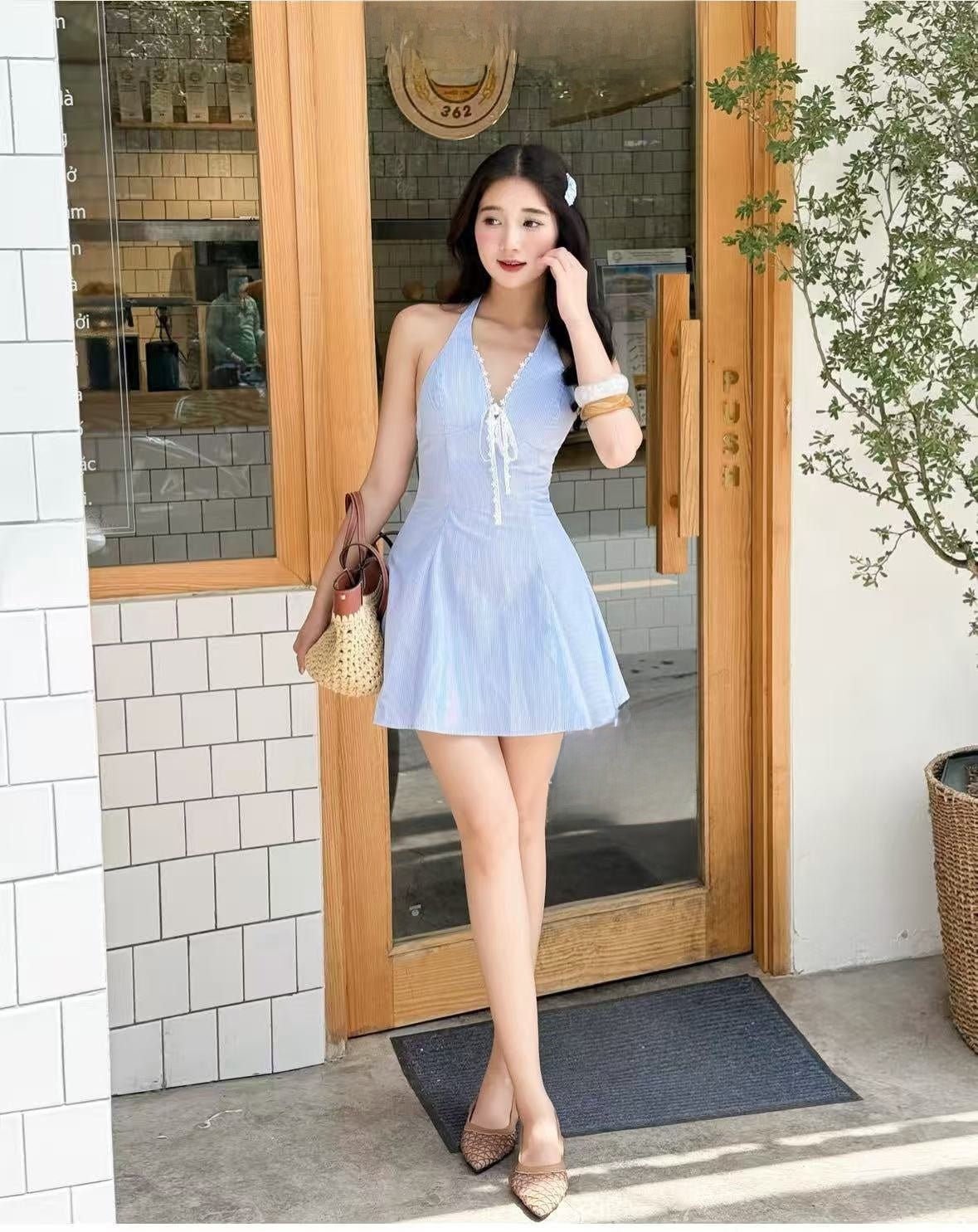 Stripe Sleeveless Halter Neck Regular Dress In Polyester With Knee-Length Design