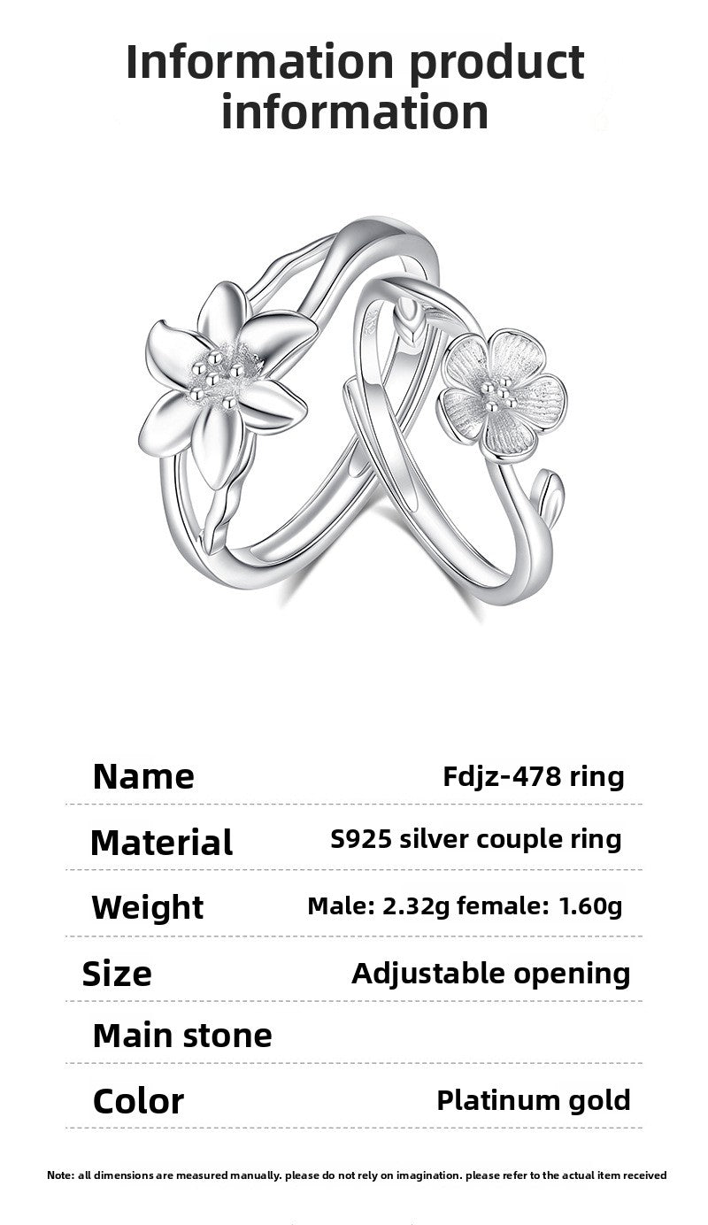 925 Sterling Silver Flowers Rings For Valentine's Day, 1 Pair In Silver