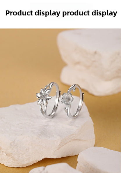 925 Sterling Silver Flowers Rings For Valentine's Day, 1 Pair In Silver