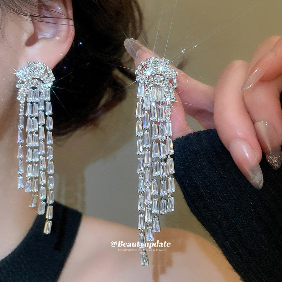 Tassel Stud Earrings For Women In Silver Copper With Zircon Inlay