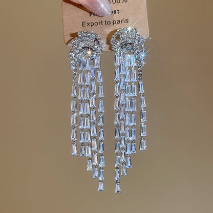 Tassel Stud Earrings For Women In Silver Copper With Zircon Inlay