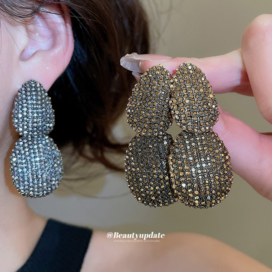 Oval Stud Earrings For Women In Steel Color Alloy With Rhinestones Inlay