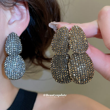 Oval Stud Earrings For Women In Steel Color Alloy With Rhinestones Inlay