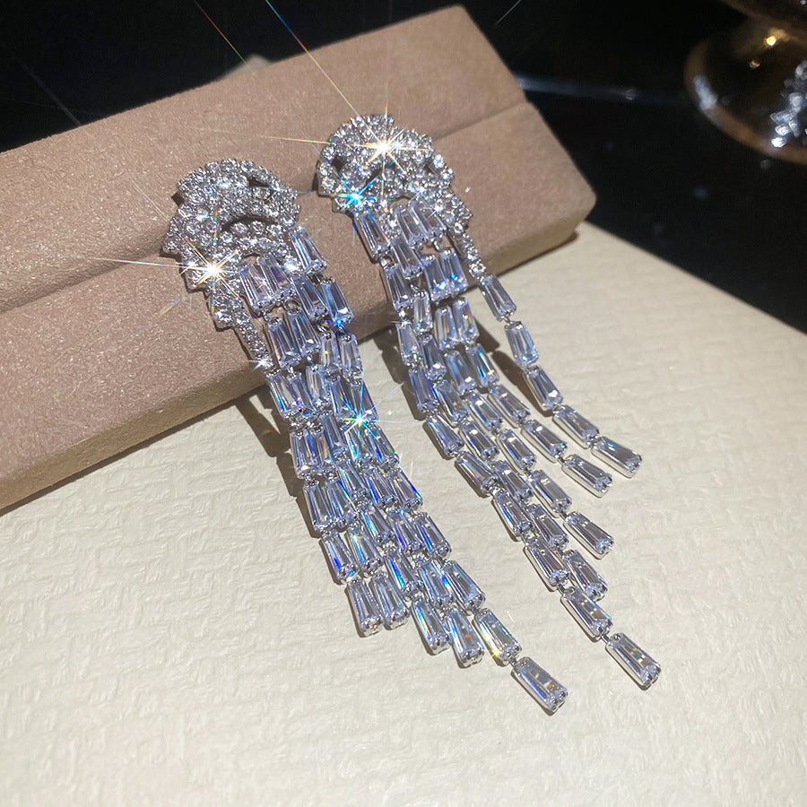 Tassel Stud Earrings For Women In Silver Copper With Zircon Inlay