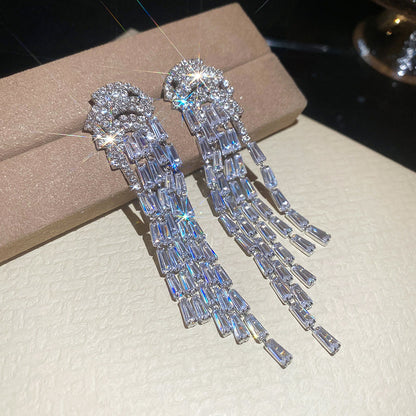 Tassel Stud Earrings For Women In Silver Copper With Zircon Inlay