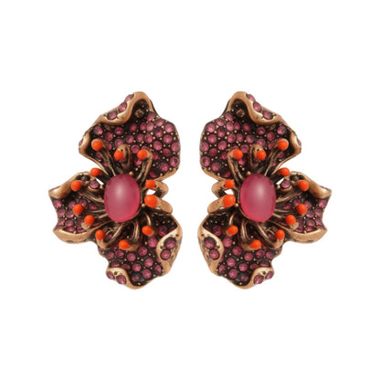 Retro Golden Resin Flowers Earrings For Women With Artificial Diamond Inlay