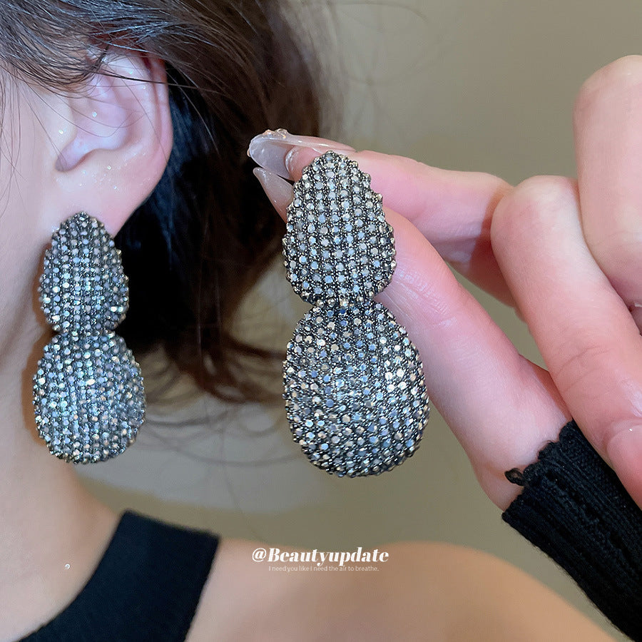 Oval Stud Earrings For Women In Steel Color Alloy With Rhinestones Inlay