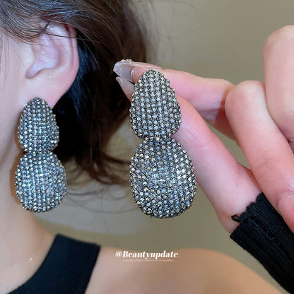 Oval Stud Earrings For Women In Steel Color Alloy With Rhinestones Inlay