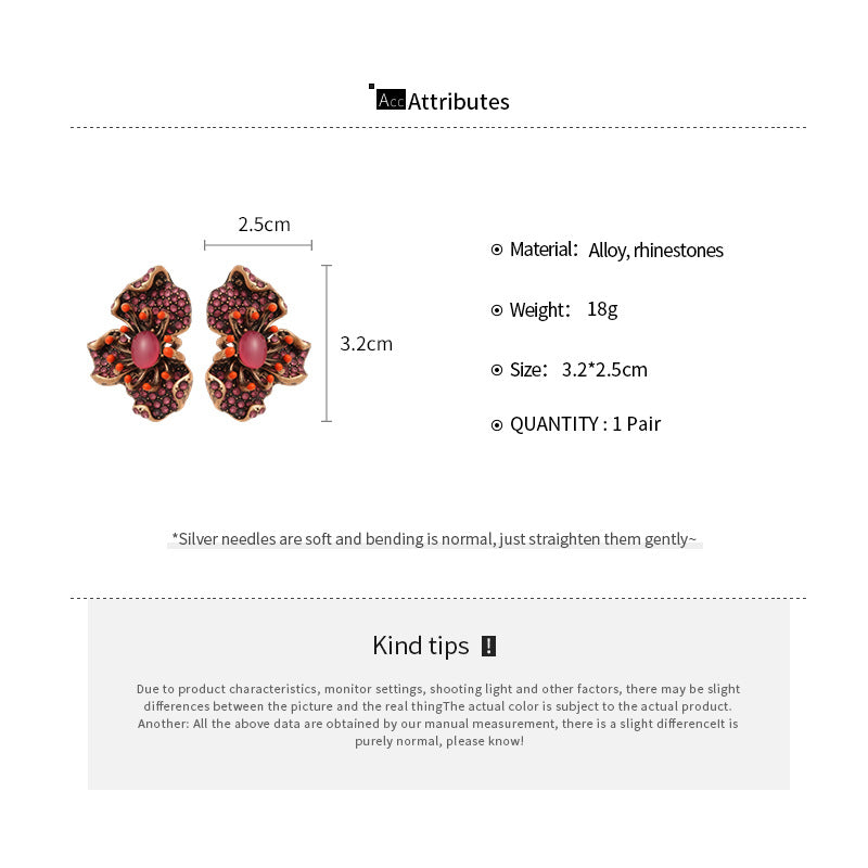 Retro Golden Resin Flowers Earrings For Women With Artificial Diamond Inlay