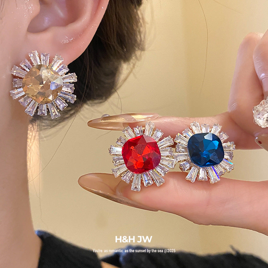 Sun Stud Earrings For Women In Silver Copper Featuring Zircon Inlay