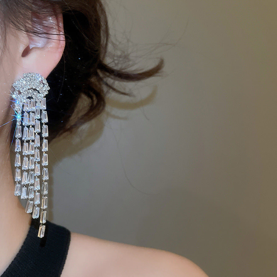 Tassel Stud Earrings For Women In Silver Copper With Zircon Inlay