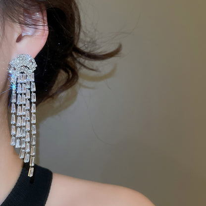 Tassel Stud Earrings For Women In Silver Copper With Zircon Inlay
